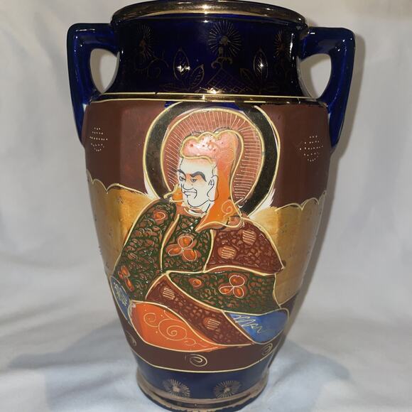 Antique Satsuma Pottery Vase Japan Cobalt Hand Painted Gold w/ Handles 8.5" - Picture 1 of 11